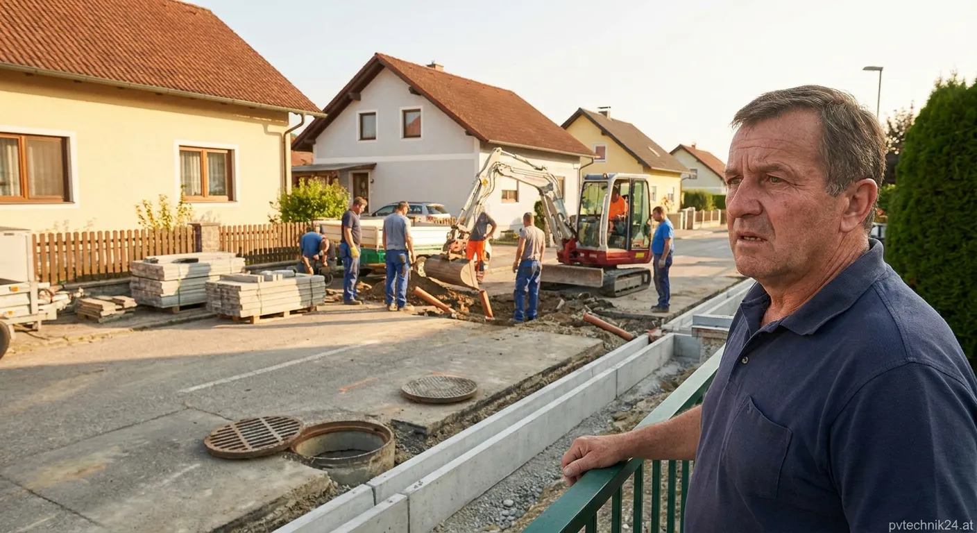 Straßenbaustelle mit Kanalarbeiten in einer Wohnsiedlung