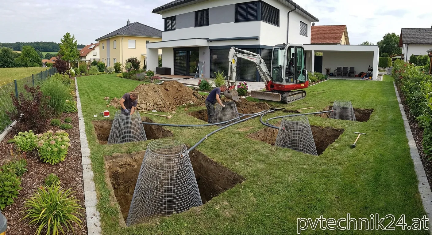 Installierte Erdwärmekörbe im Erdreich für Geothermie-Heizung