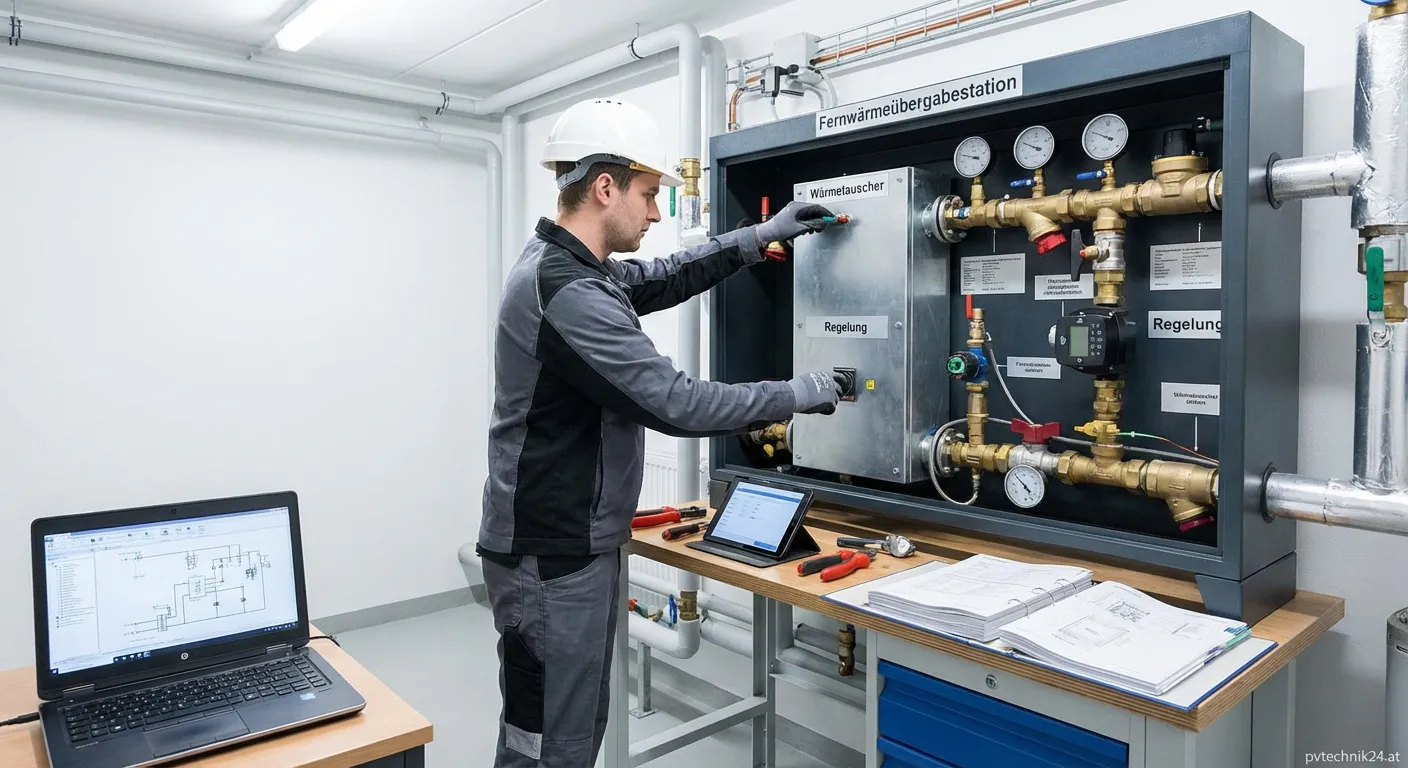 Techniker führt professionelle Fernwärmeübergabestation Wartung durch