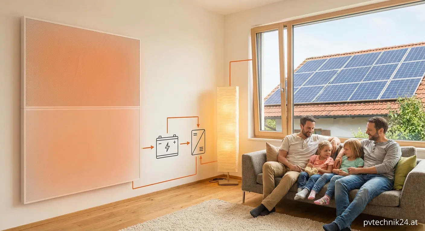 Moderne Infrarotpanel mit Solaranlage auf dem Dach kombiniert