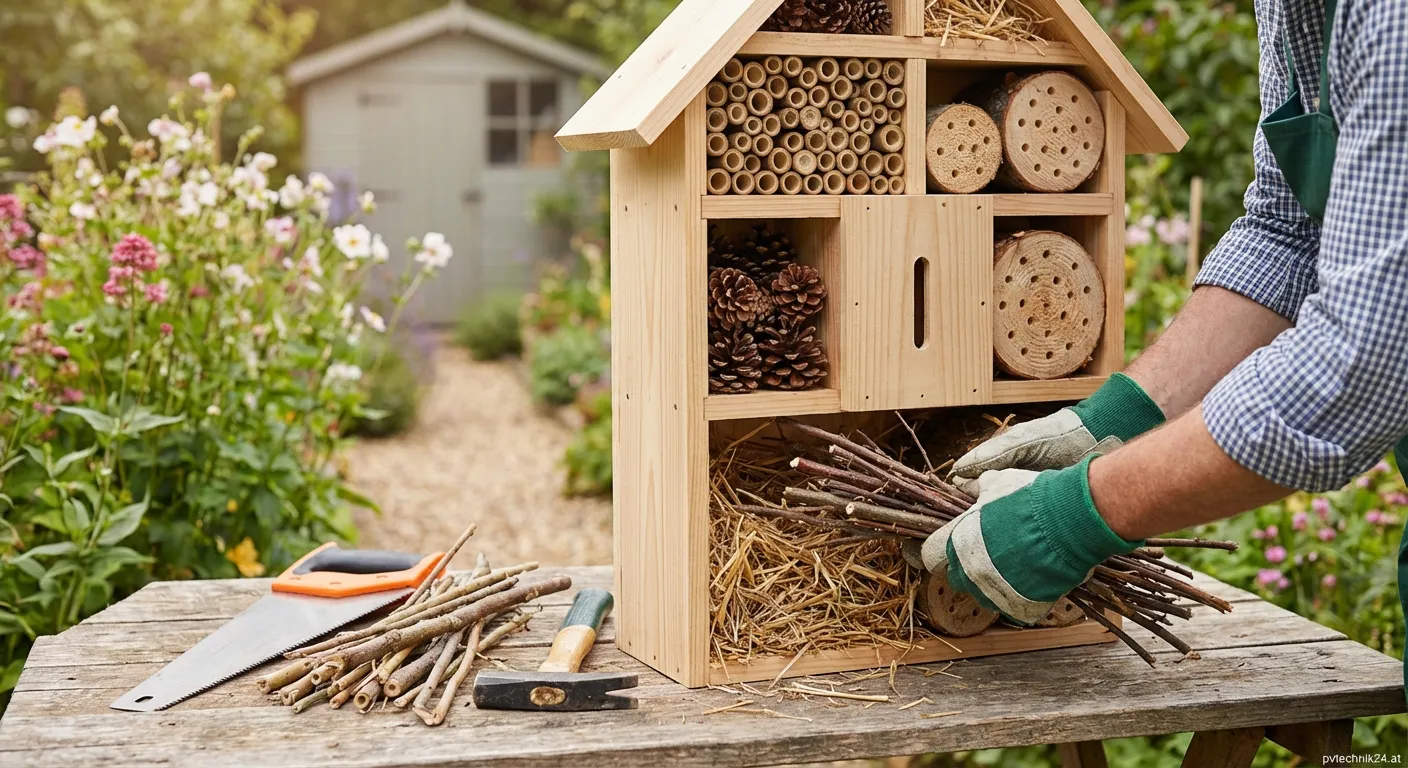 Selbstgebautes Insektenhotel aus Holz mit verschiedenen Füllmaterialien im Garten