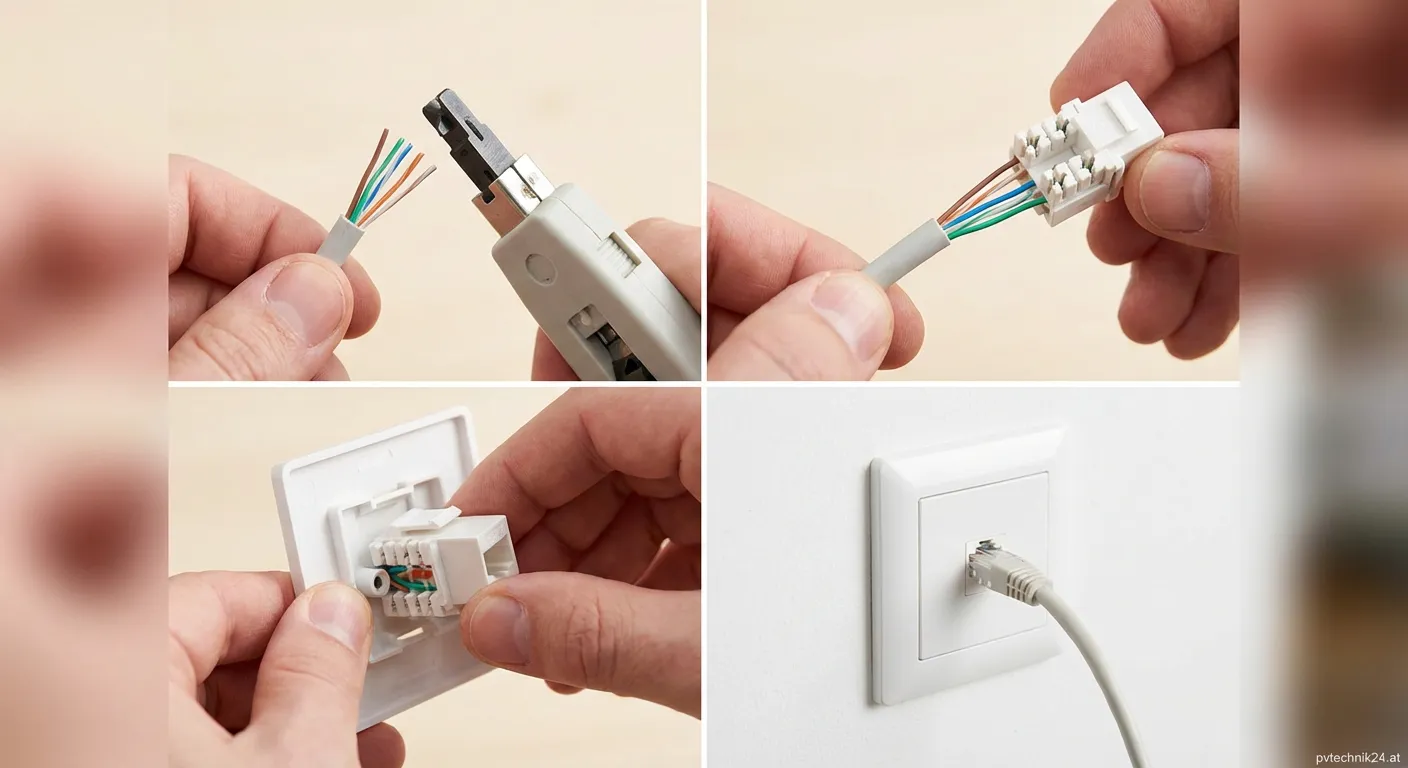 Nahaufnahme einer Keystone Module Montage mit einem RJ45 Verbinder und Netzwerkkabel