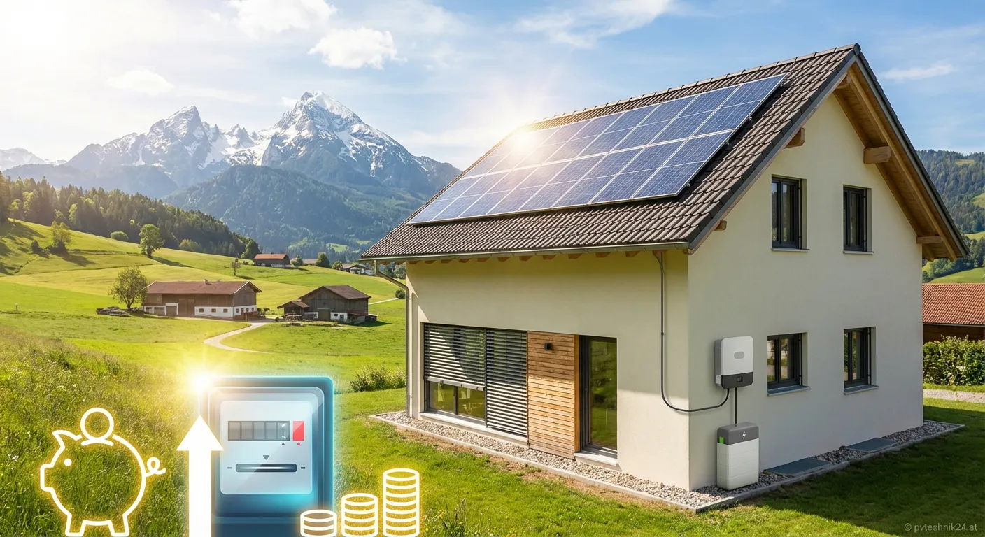 Solarpaneele auf einem österreichischen Hausdach vor Bergpanorama