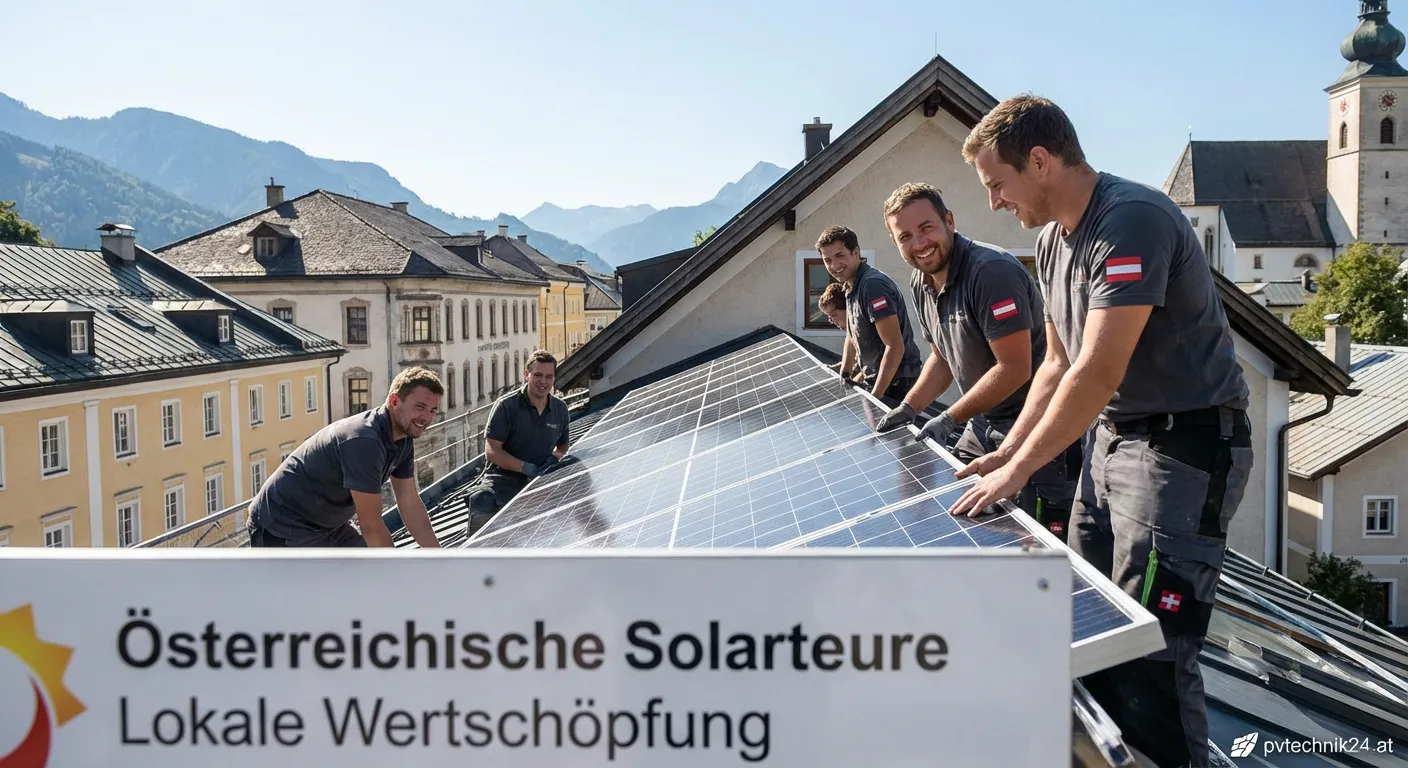Solarteur bei der Arbeit auf einem Dach in Österreich, der Solarmodule installiert