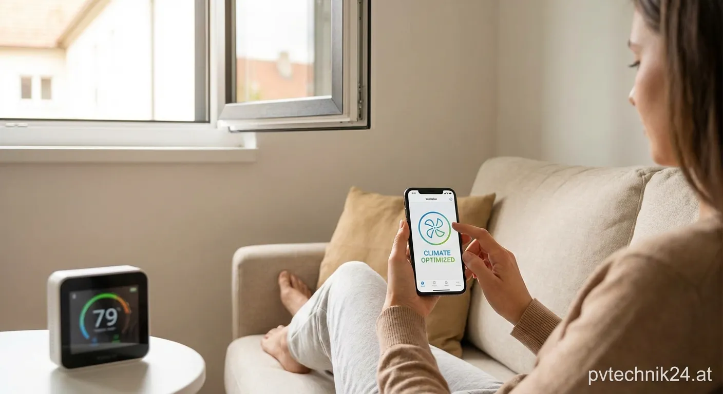 Smartphone zeigt Lüftungs-App in einem modernen Wohnraum