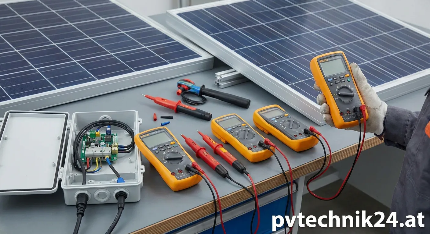 Multimeter und Spannungsprüfer während der PV-Anlagenprüfung im Einsatz