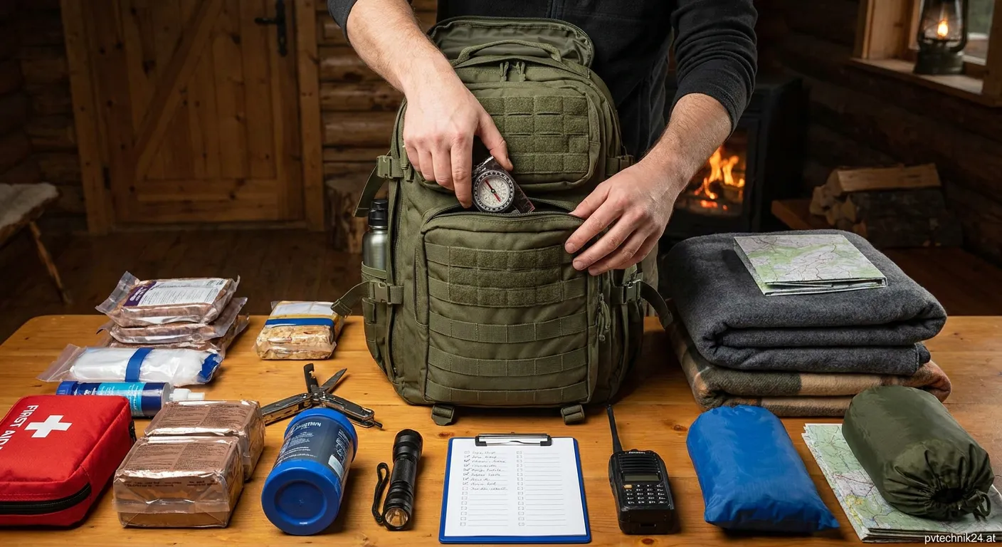 Vollständig gepackter grauer tactical Notfallsurvival-Ruck sack auf Waldboden liegend