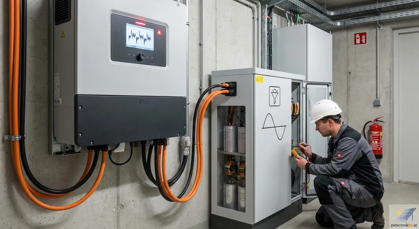 Wechselrichter in einer Photovoltaikanlage mit Diagramm zu Oberschwingungen