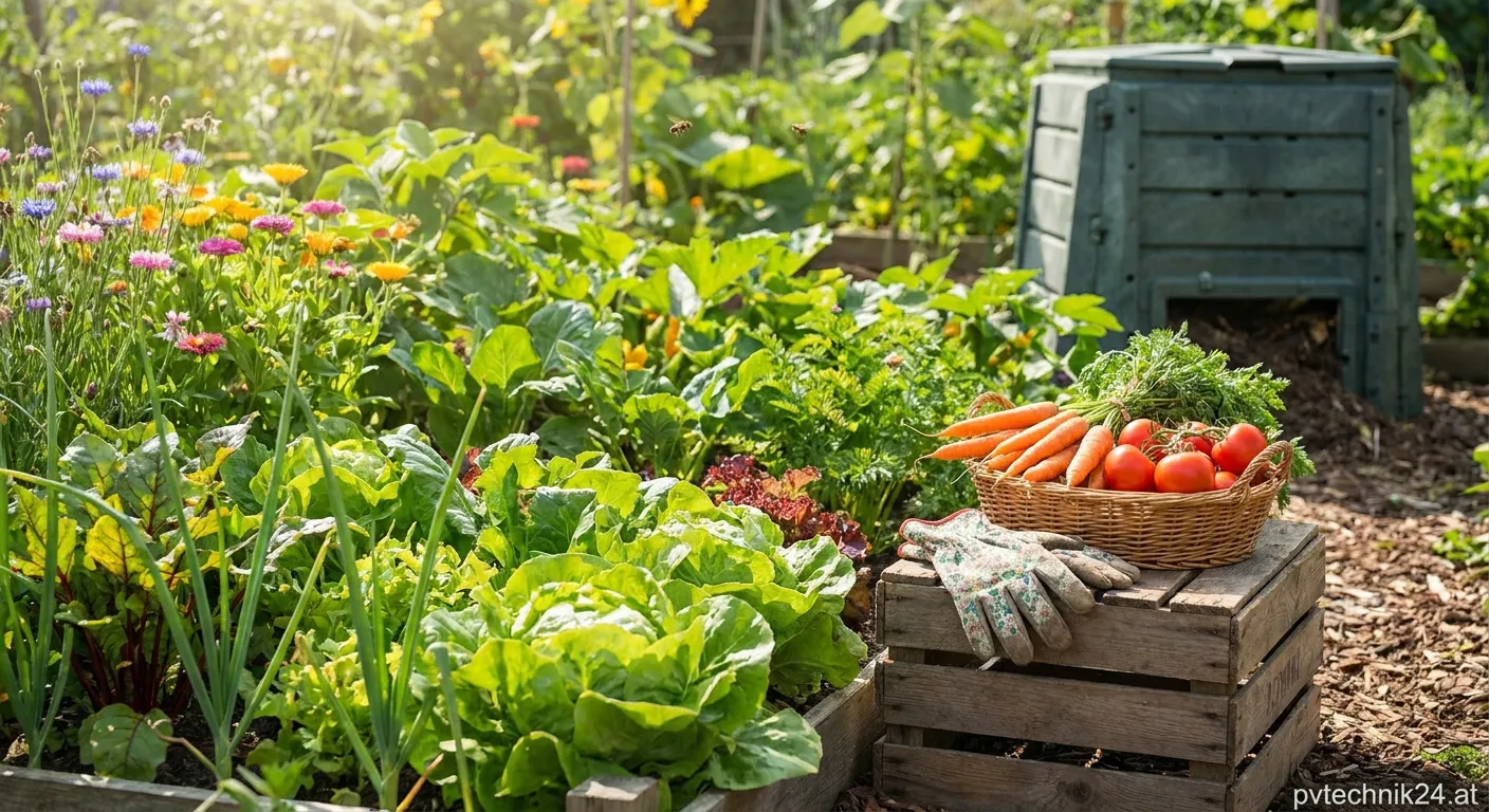 Naturnaher pestizidfreier Garten mit blühenden Stauden und Insekten