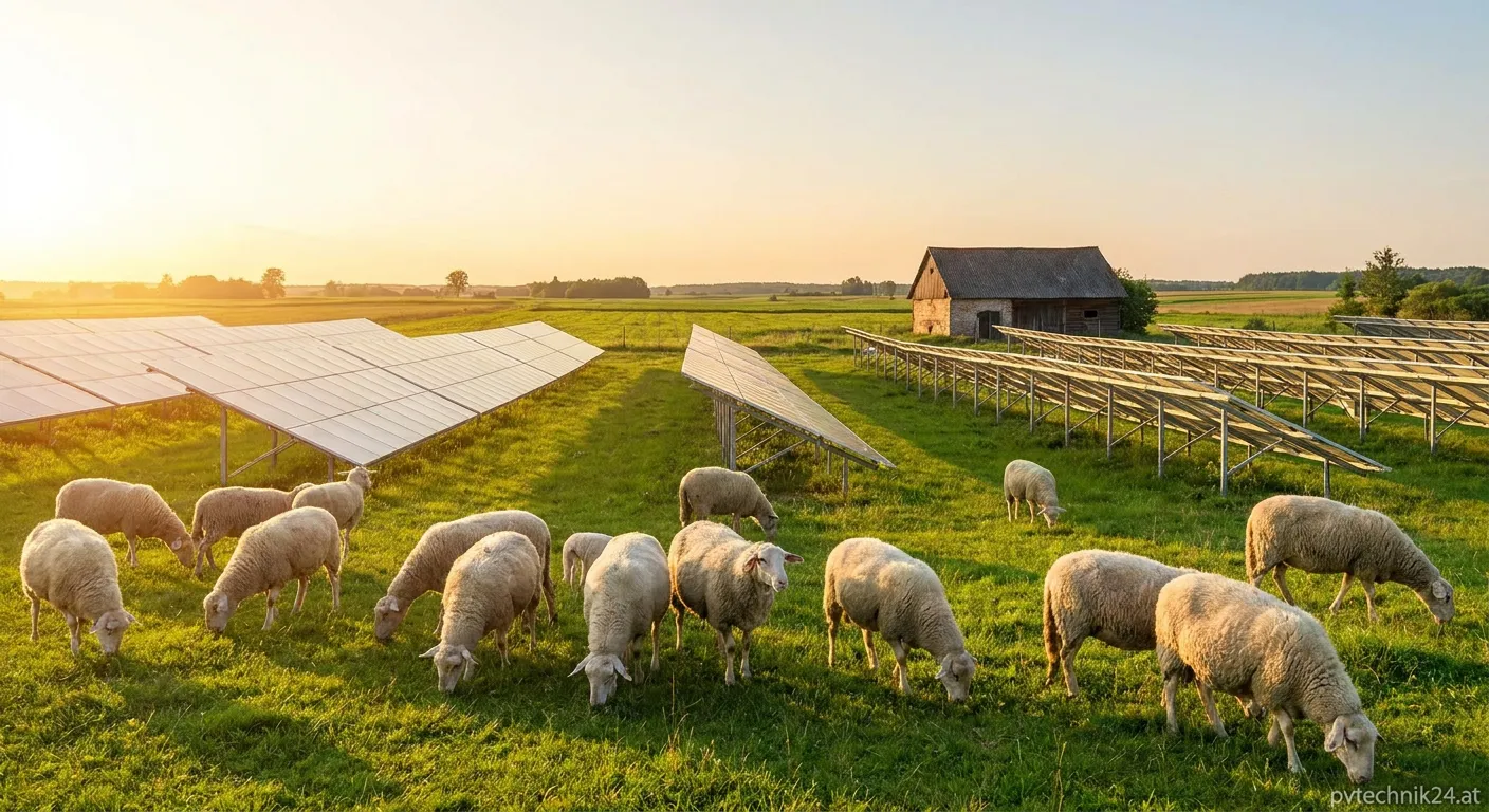 Schafe weiden unter Solarpanelen in einer Agrivoltaik-Anlage