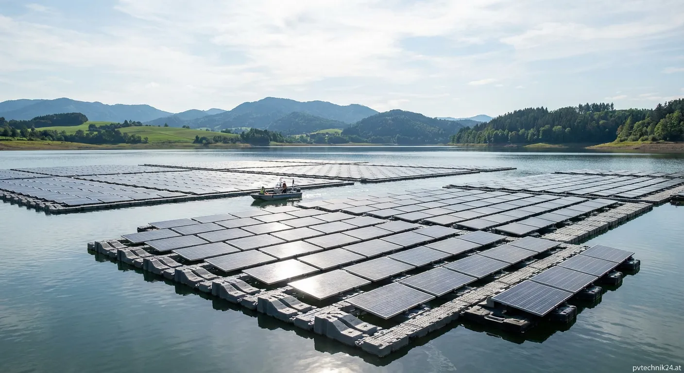 Schwimmende Photovoltaik (Floating PV) Anlage auf einem Baggersee bei Sonnenschein