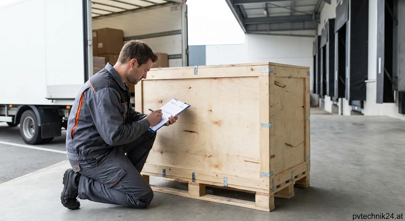 Kunde kontrolliert Speditionslieferung auf einer Palette bei Ankunft
