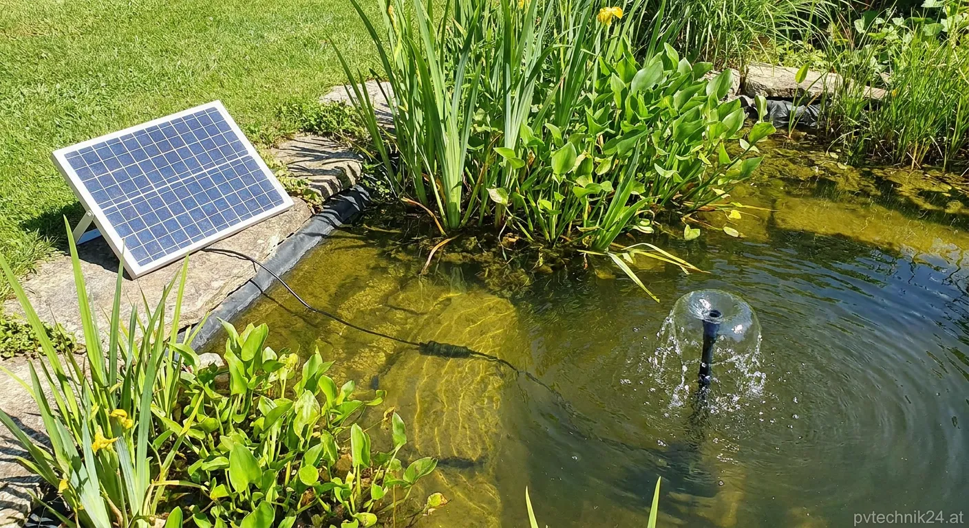 Moderne Teichpumpe mit Solarmodul für energieautonomen Gartenteich