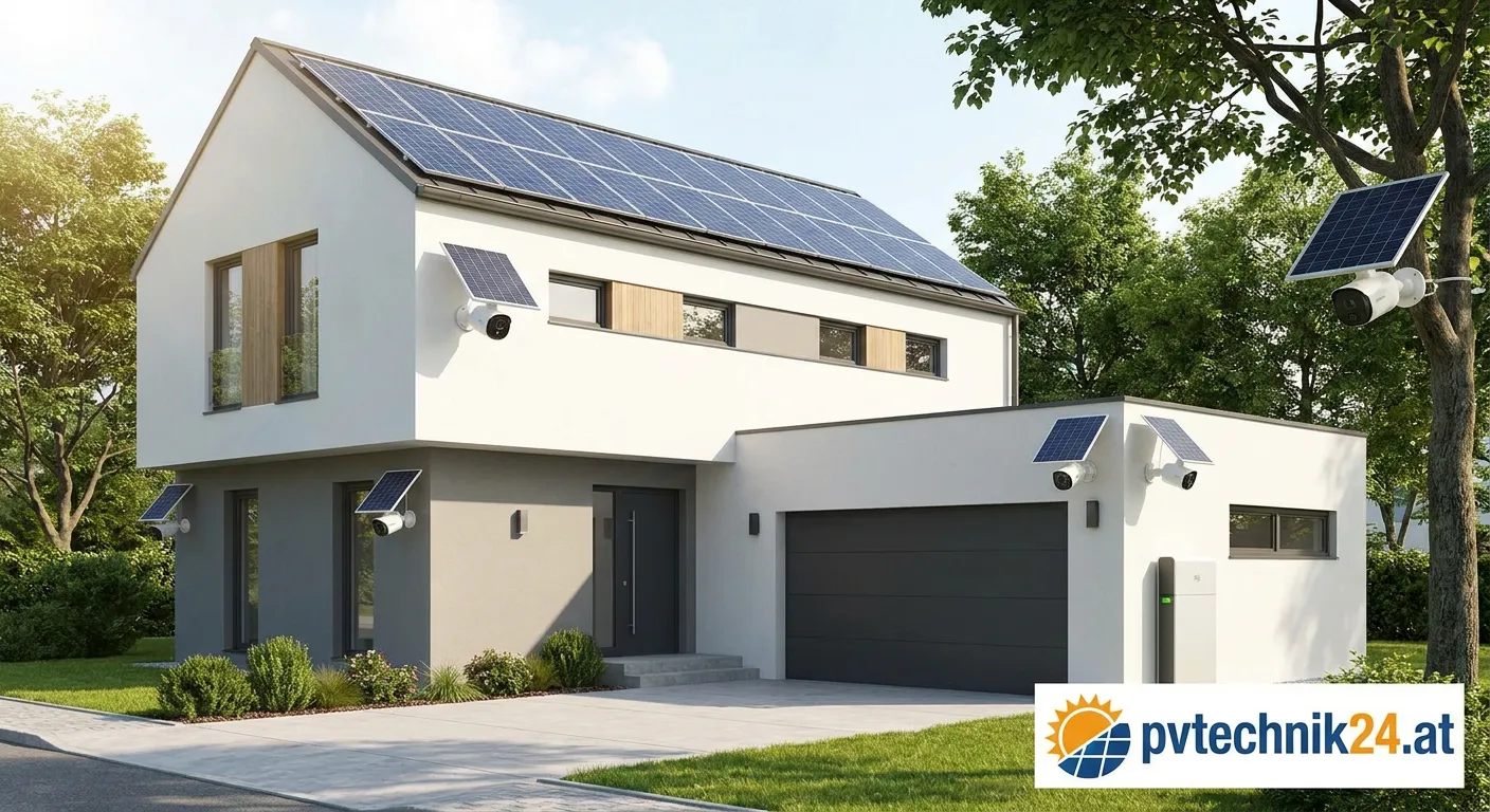 Solarbetriebene Videoüberwachungskamera auf Hausdach installiert